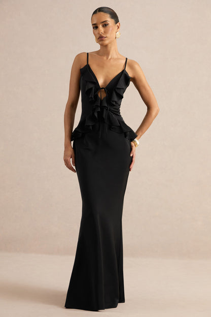 Marlen | Black Satin Plunge-Neck Maxi Dress With Ruffled Detailing