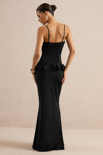Marlen | Black Satin Plunge-Neck Maxi Dress With Ruffled Detailing