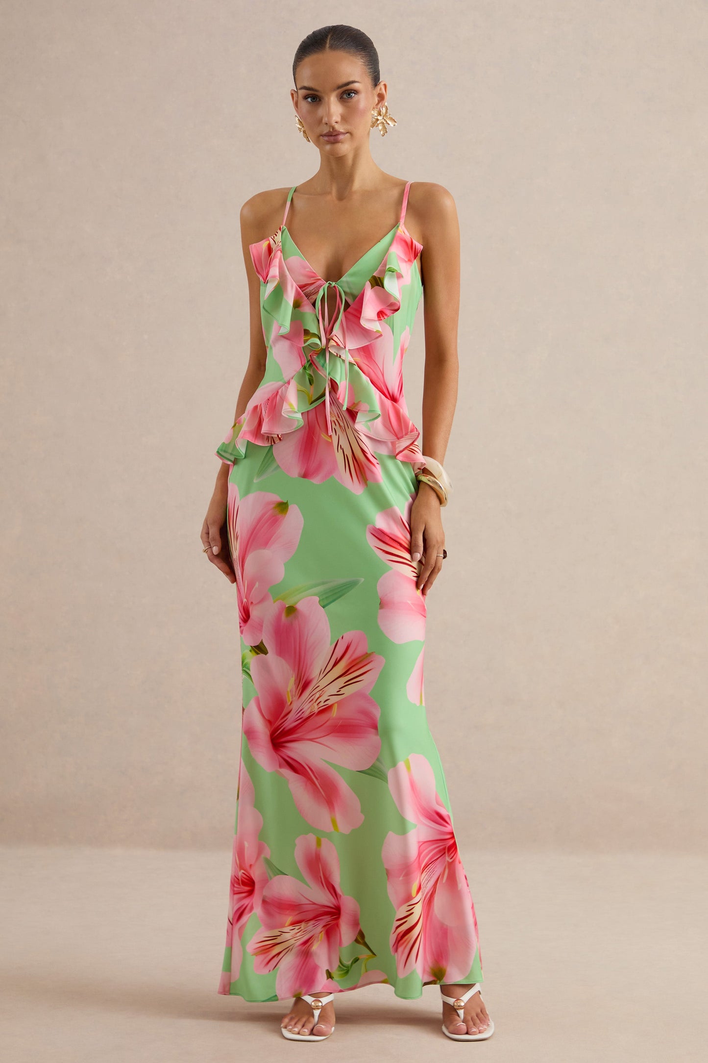 Marlen | Dark Green Floral Print Satin Plunge-Neck Maxi Dress With Ruffled Detailing