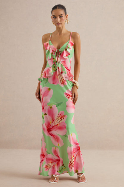 Marlen | Dark Green Floral Print Satin Plunge-Neck Maxi Dress With Ruffled Detailing