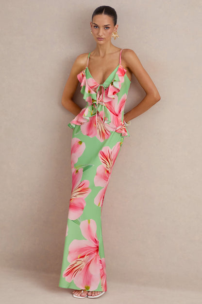 Marlen | Dark Green Floral Print Satin Plunge-Neck Maxi Dress With Ruffled Detailing