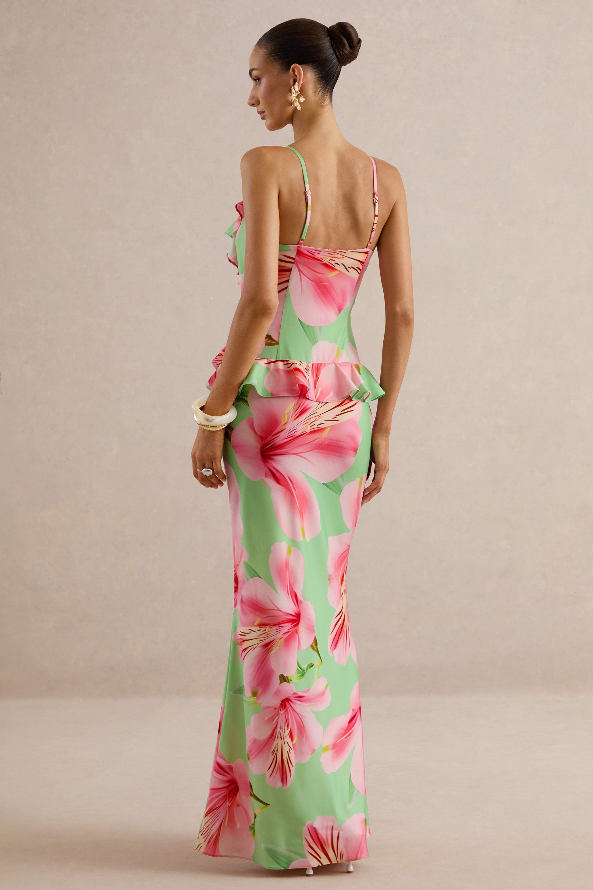 Marlen | Dark Green Floral Print Satin Plunge-Neck Maxi Dress With Ruffled Detailing