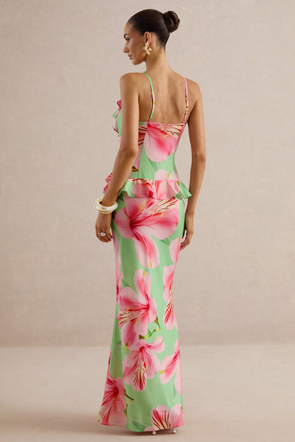 Marlen | Dark Green Floral Print Satin Plunge-Neck Maxi Dress With Ruffled Detailing