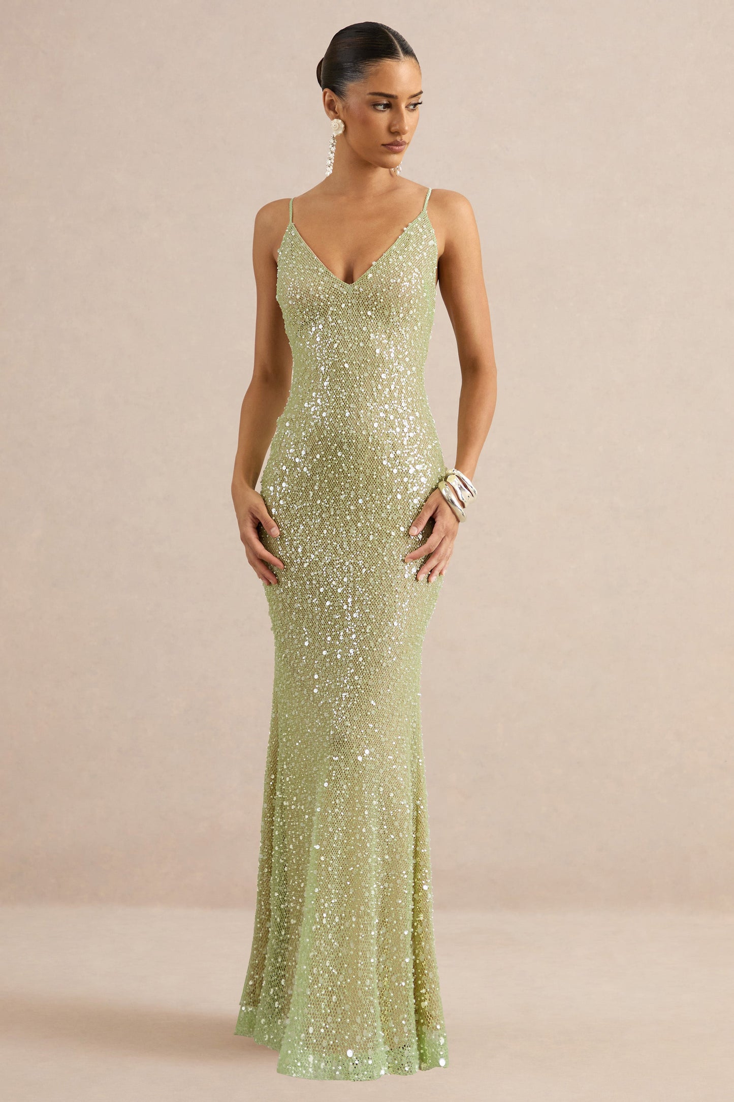 Minna | Sage Sheer Sequin Plunge-Neck Maxi Dress