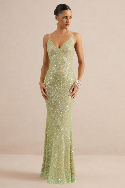 Minna | Sage Sheer Sequin Plunge-Neck Maxi Dress