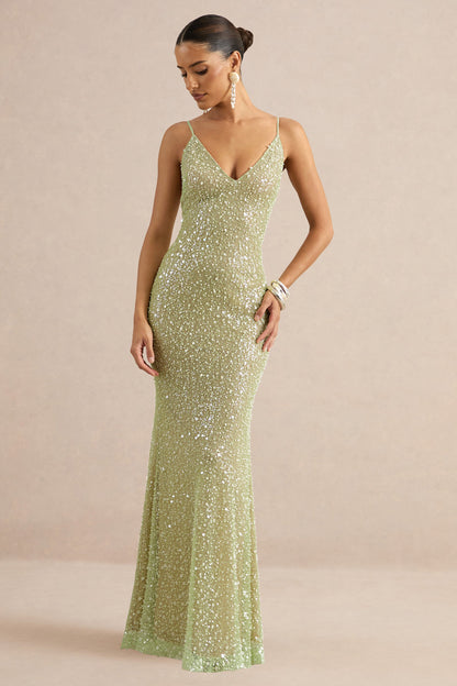 Minna | Sage Sheer Sequin Plunge-Neck Maxi Dress