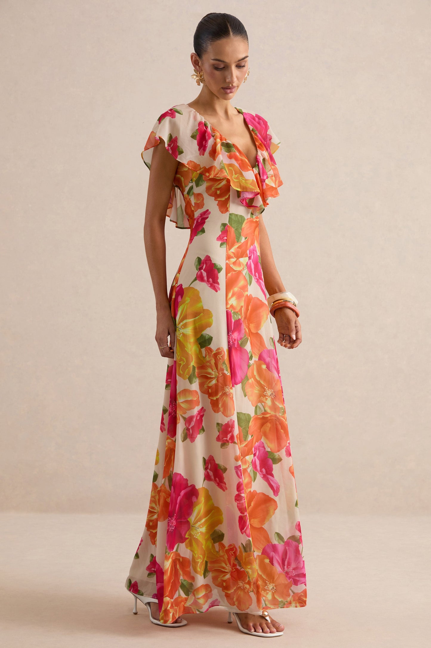 Naelle | Orange Floral Print Chiffon Plunge-Neck Maxi Dress With Ruffled Detailing