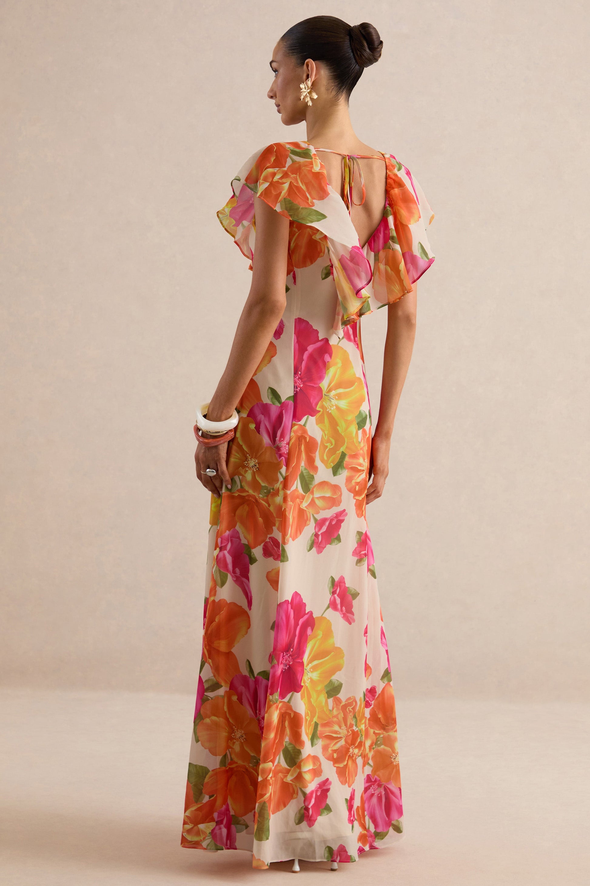 Naelle | Orange Floral Print Chiffon Plunge-Neck Maxi Dress With Ruffled Detailing
