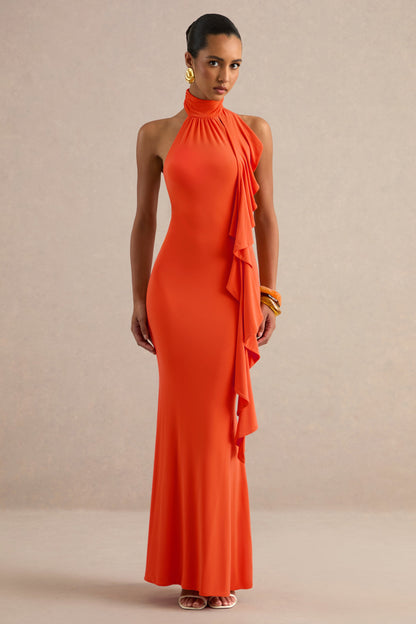 Namira | Orange High-Neck Maxi Dress With Ruffled Detailing