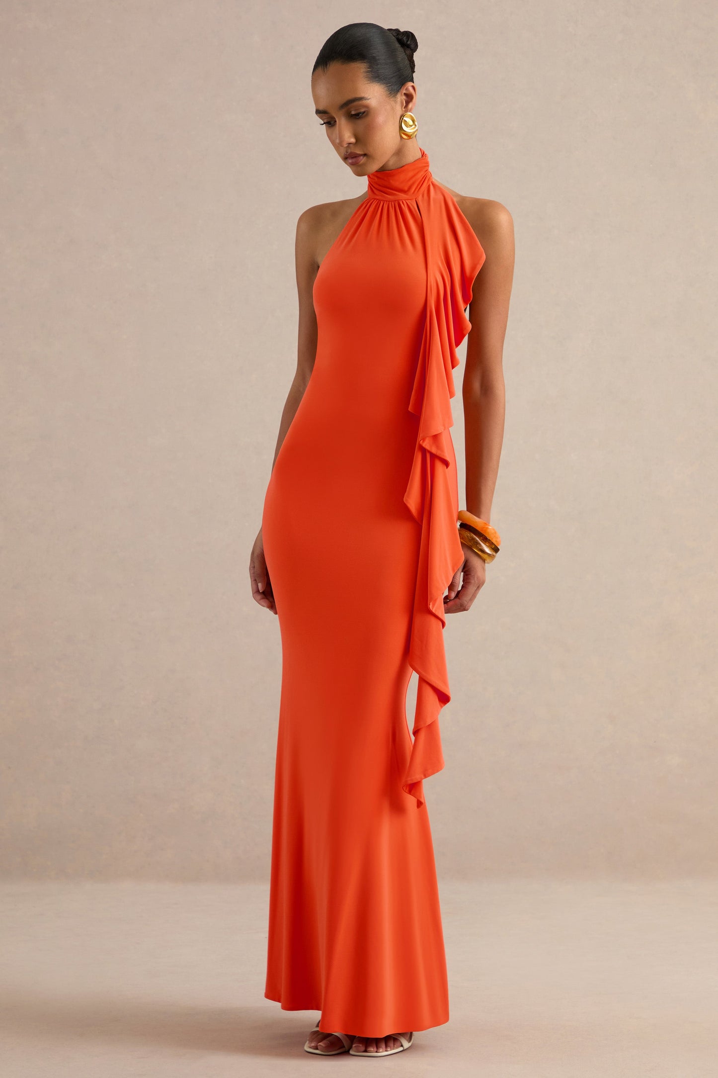 Namira | Orange High-Neck Maxi Dress With Ruffled Detailing