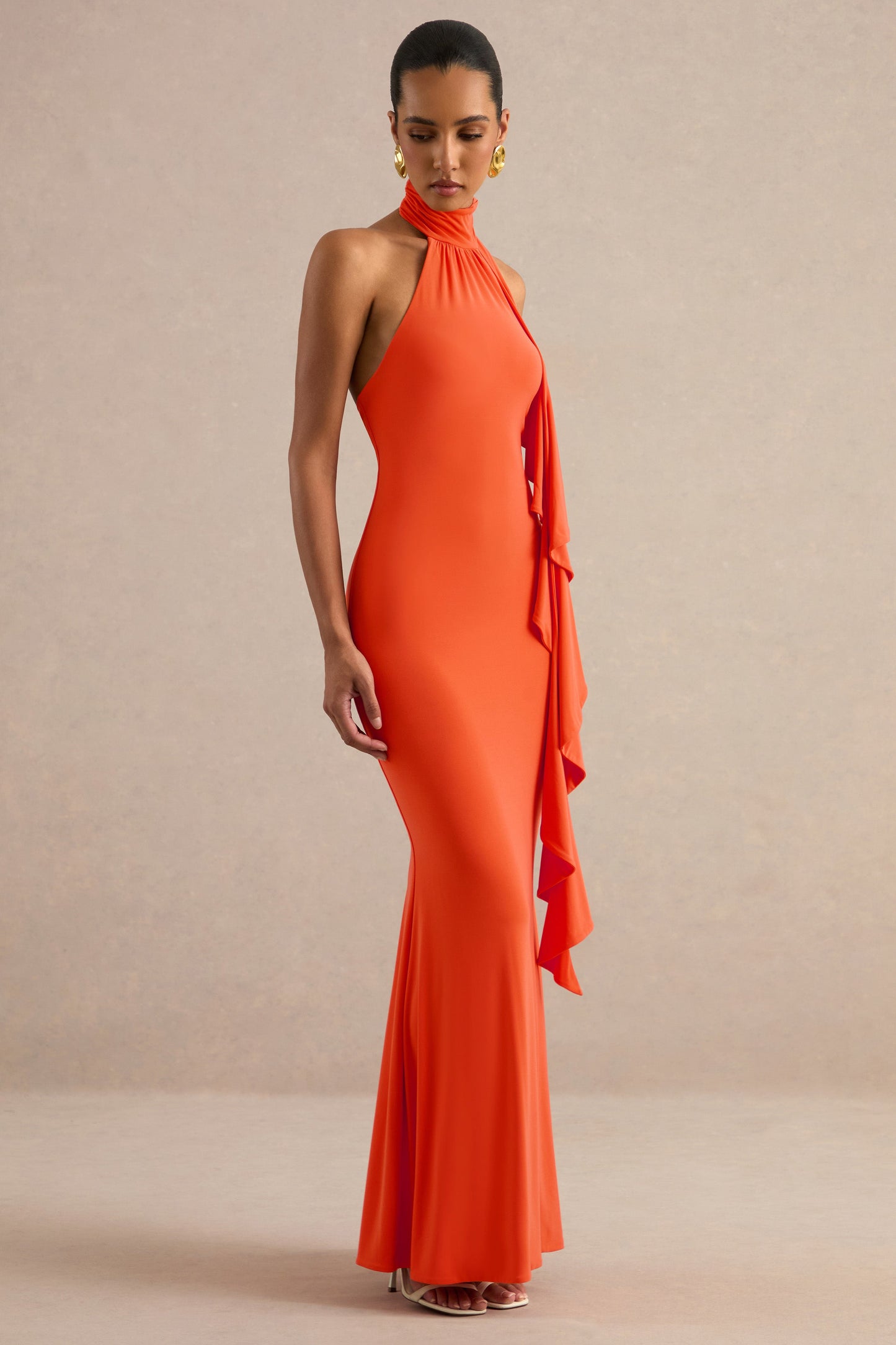 Namira | Orange High-Neck Maxi Dress With Ruffled Detailing