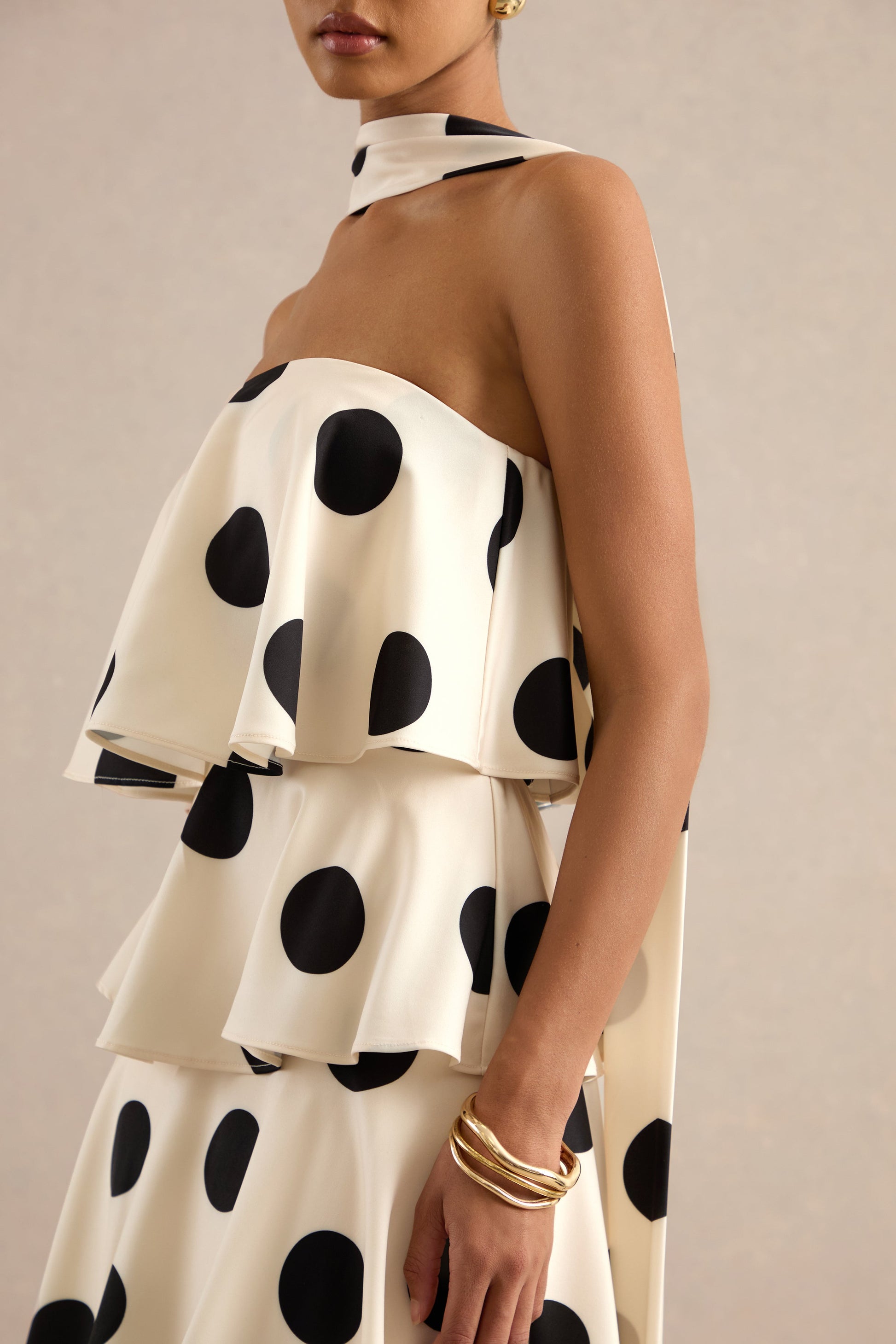Talise | Cream Polka-Dot Satin Bandeau-Neck Tiered Maxi Dress With Scarf Detail