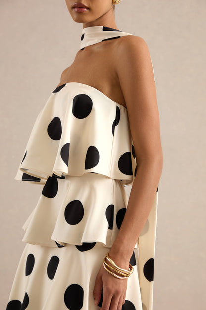 Talise | Cream Polka-Dot Satin Bandeau-Neck Tiered Maxi Dress With Scarf Detail