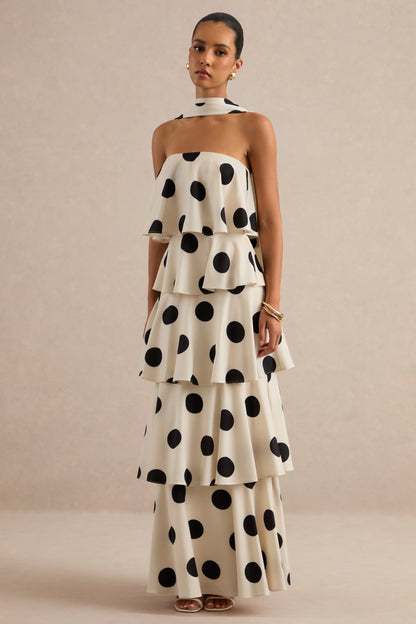 Talise | Cream Polka-Dot Satin Bandeau-Neck Tiered Maxi Dress With Scarf Detail