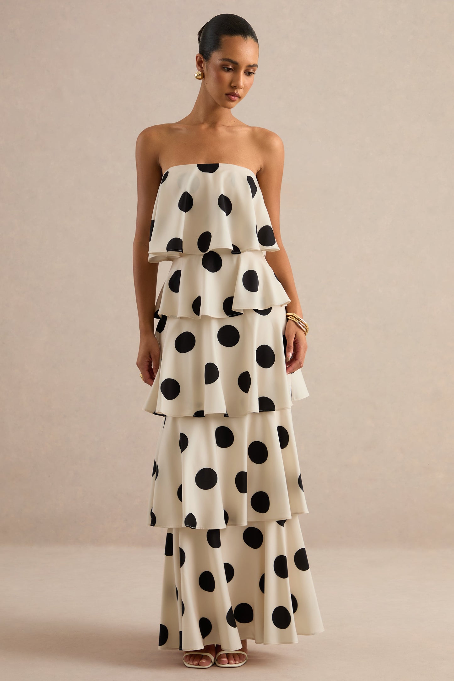Talise | Cream Polka-Dot Satin Bandeau-Neck Tiered Maxi Dress With Scarf Detail
