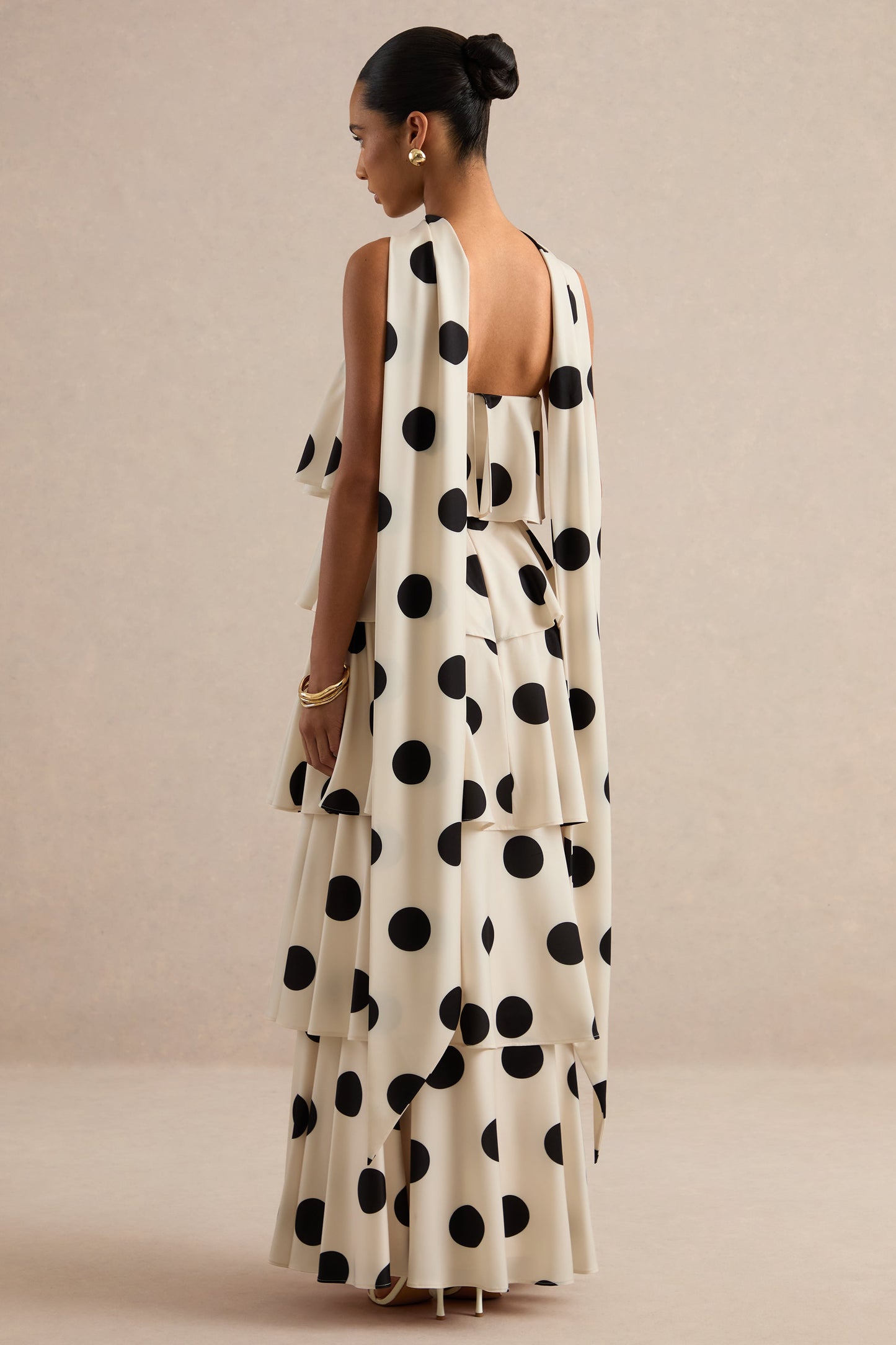 Talise | Cream Polka-Dot Satin Bandeau-Neck Tiered Maxi Dress With Scarf Detail