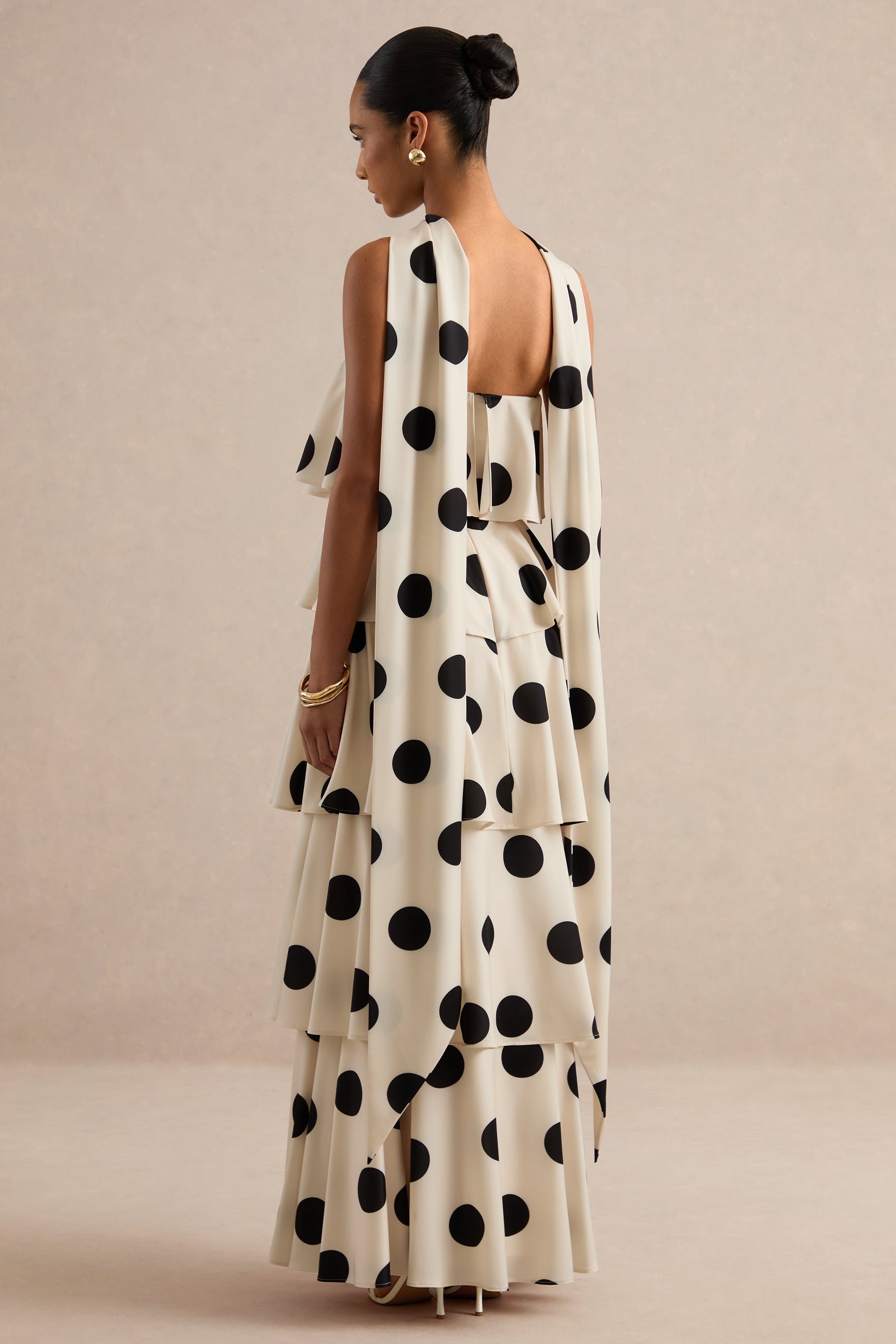 Talise | Cream Polka-Dot Satin Bandeau-Neck Tiered Maxi Dress With Scarf Detail
