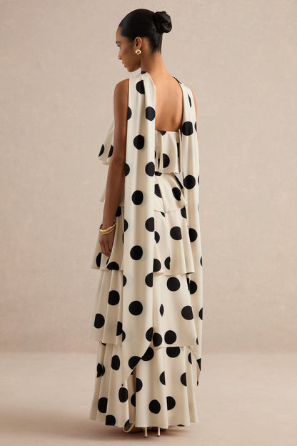 Talise | Cream Polka-Dot Satin Bandeau-Neck Tiered Maxi Dress With Scarf Detail