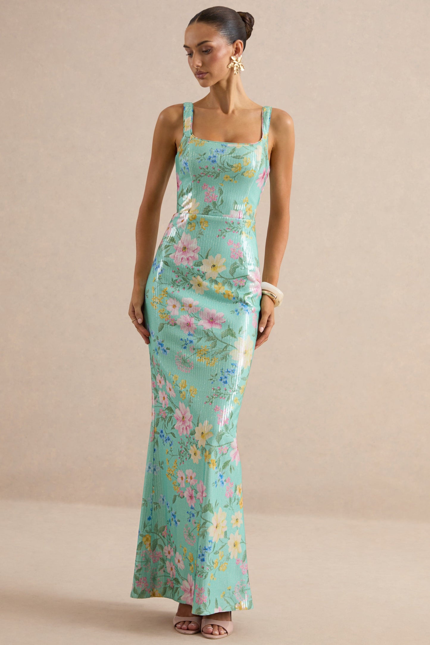 Danette | Mint Floral Print Sequin Square-Neck Maxi Dress