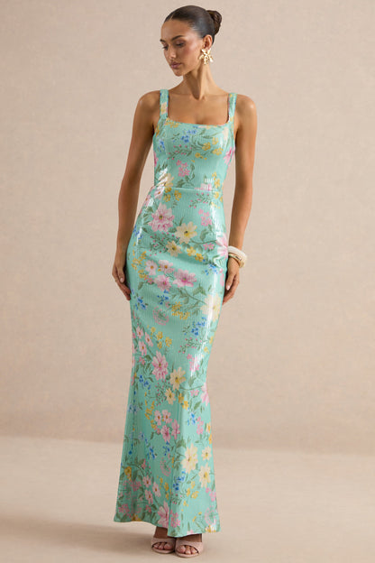 Danette | Mint Floral Print Sequin Square-Neck Maxi Dress