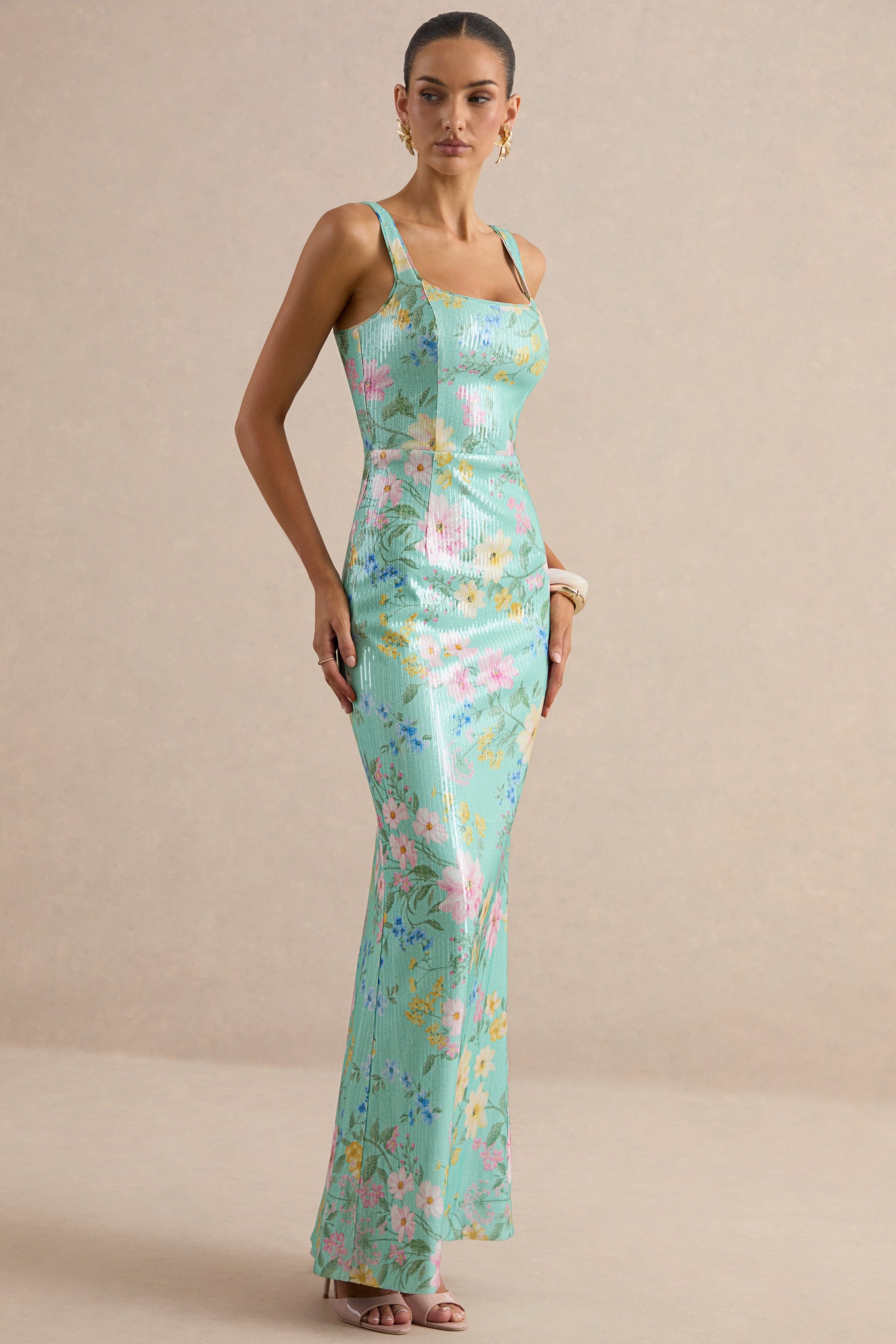 Danette | Mint Floral Print Sequin Square-Neck Maxi Dress