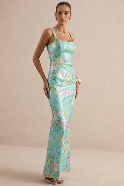 Danette | Mint Floral Print Sequin Square-Neck Maxi Dress