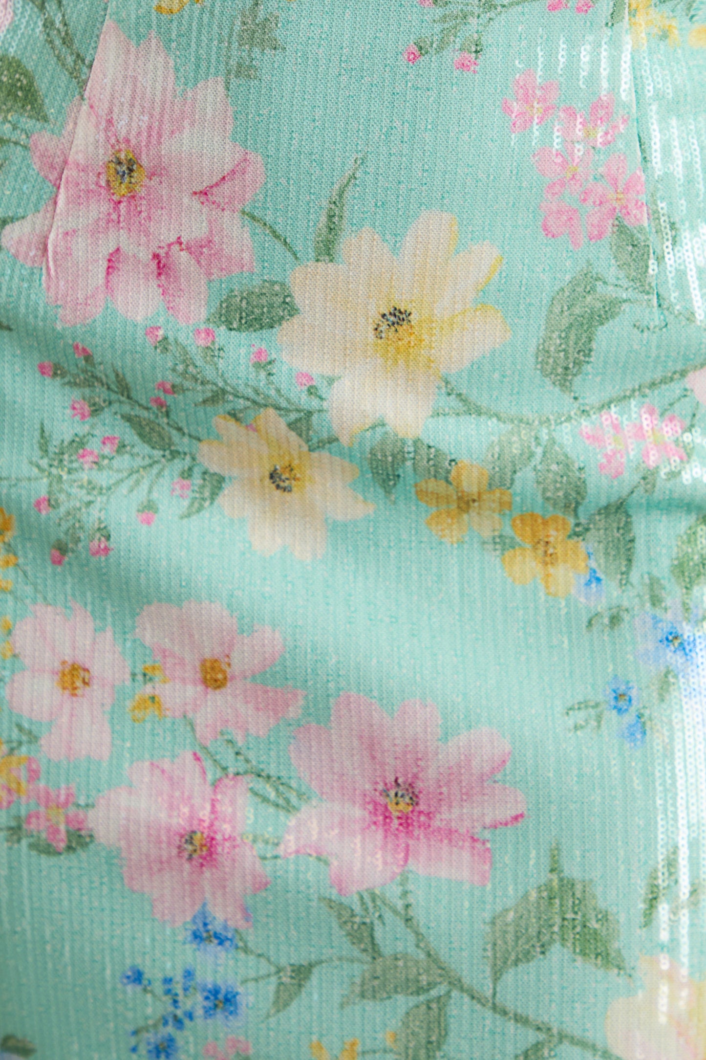 Danette | Mint Floral Print Sequin Square-Neck Maxi Dress