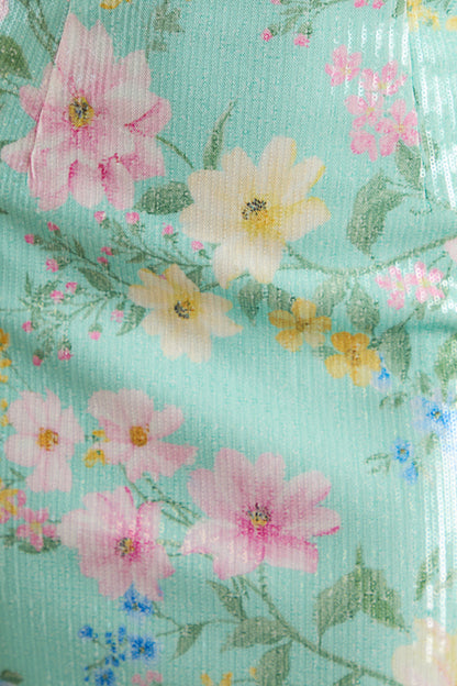 Danette | Mint Floral Print Sequin Square-Neck Maxi Dress