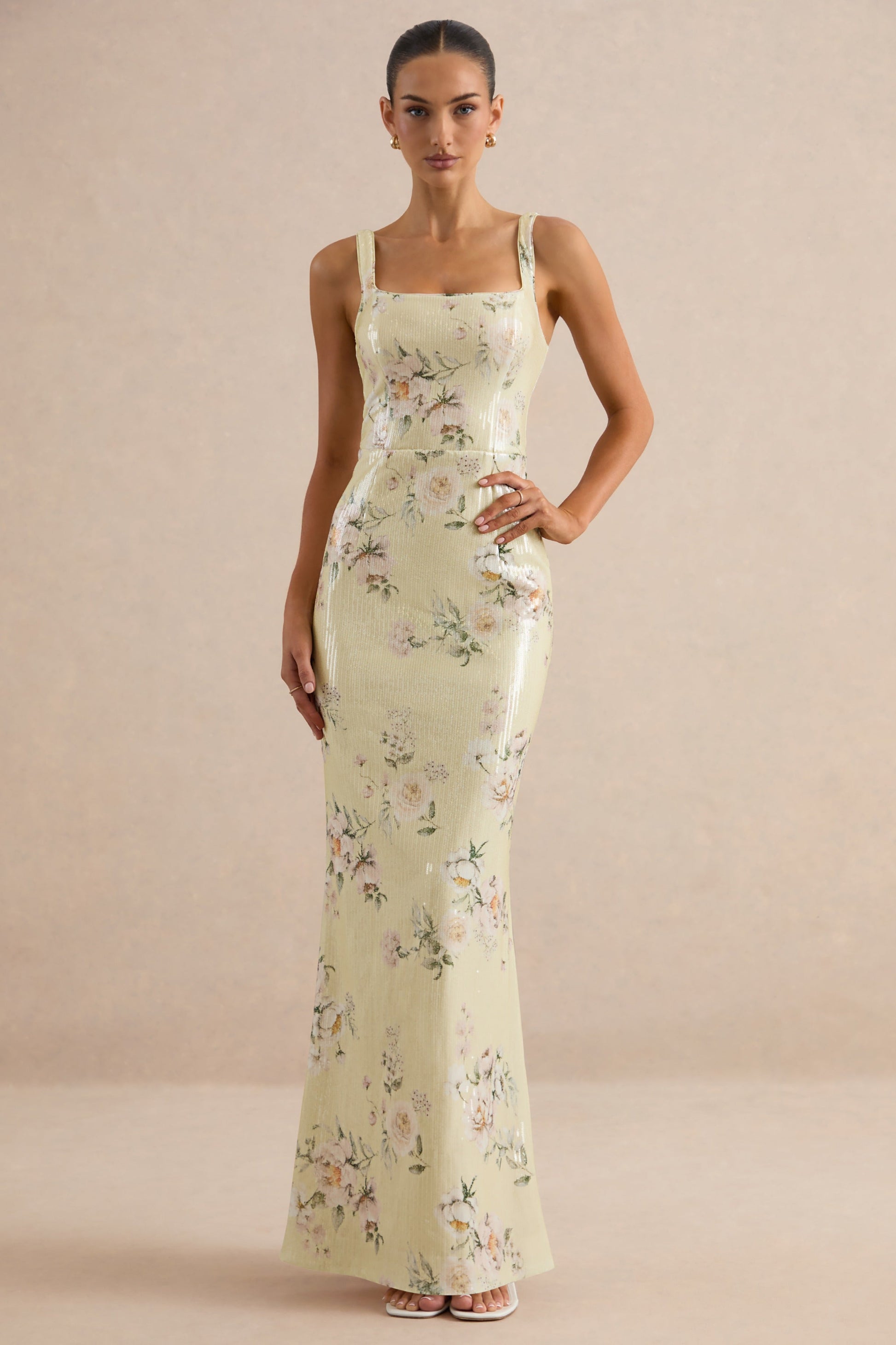 Danette | Yellow Floral Print Sequin Square-Neck Maxi Dress