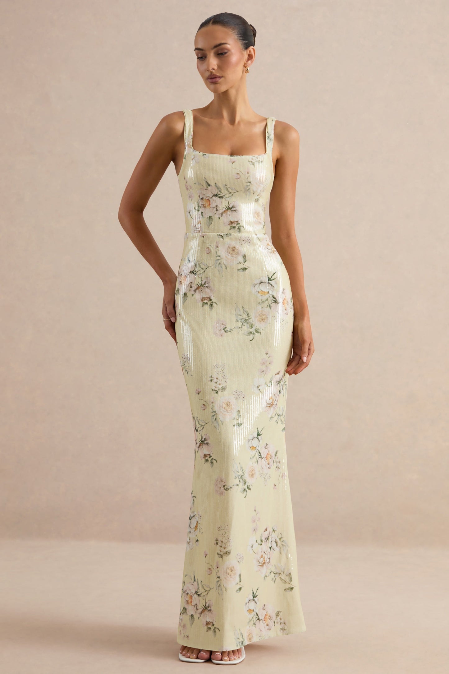 Danette | Yellow Floral Print Sequin Square-Neck Maxi Dress