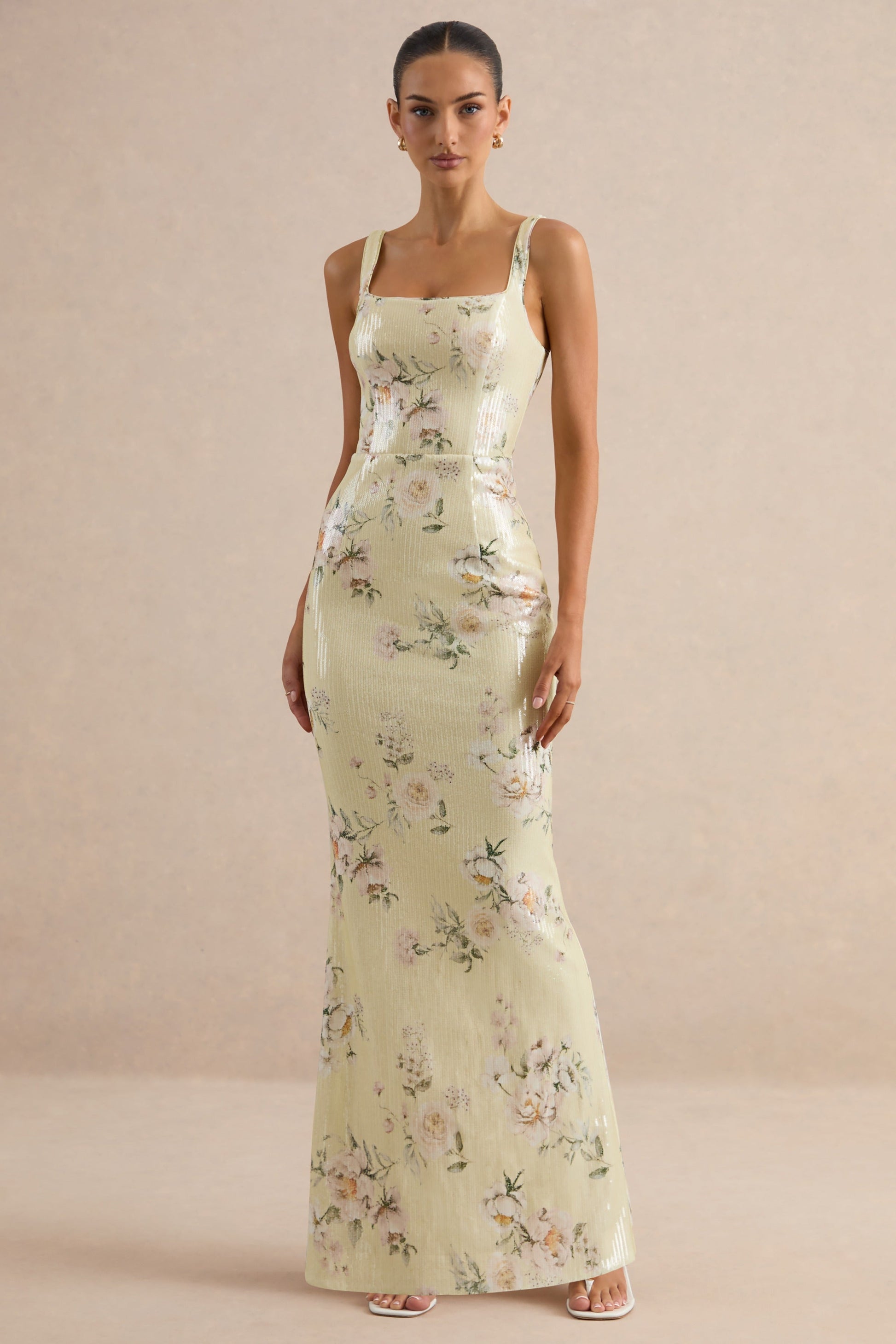 Danette | Yellow Floral Print Sequin Square-Neck Maxi Dress