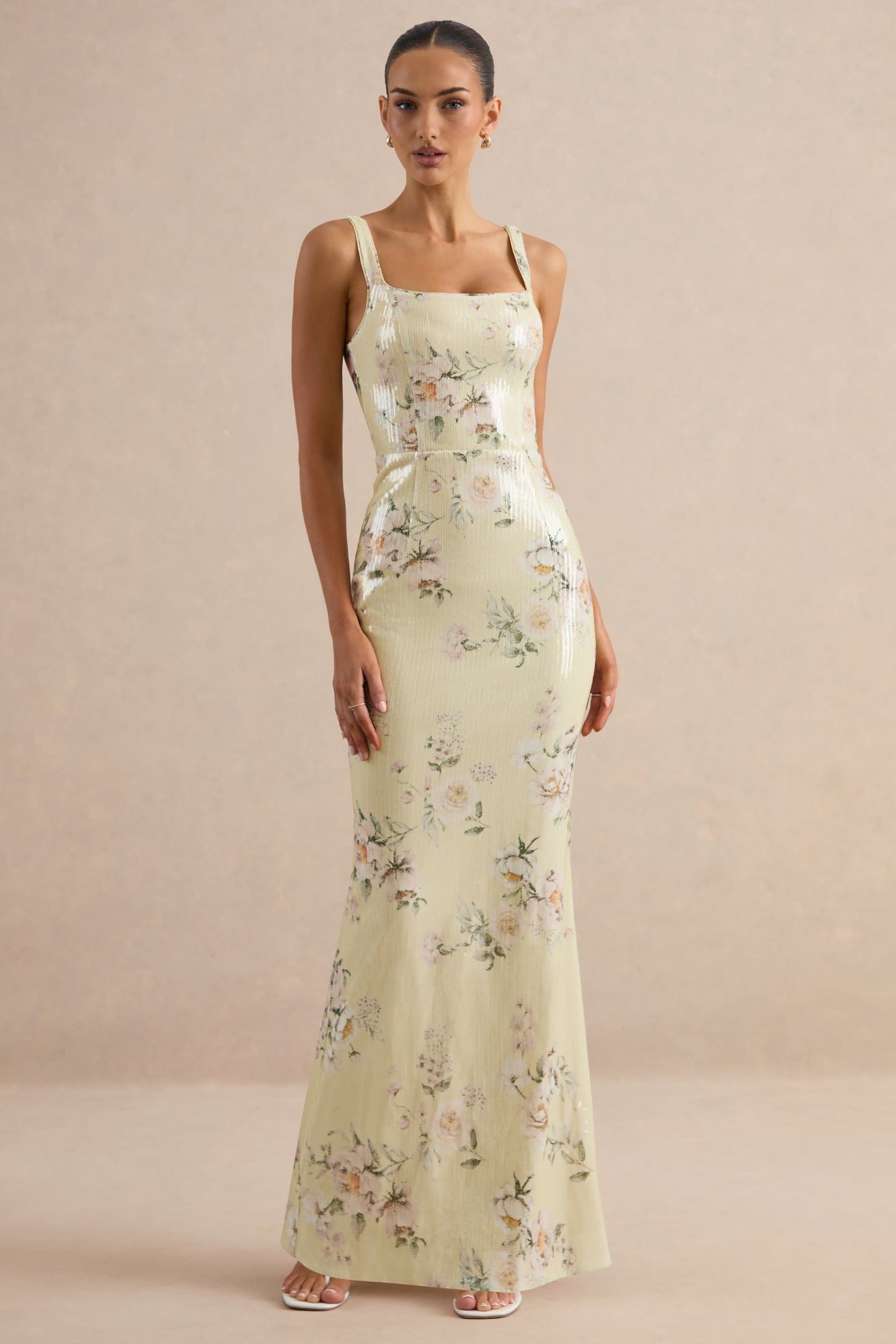 Danette | Yellow Floral Print Sequin Square-Neck Maxi Dress