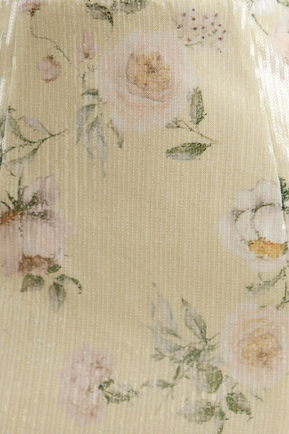 Danette | Yellow Floral Print Sequin Square-Neck Maxi Dress