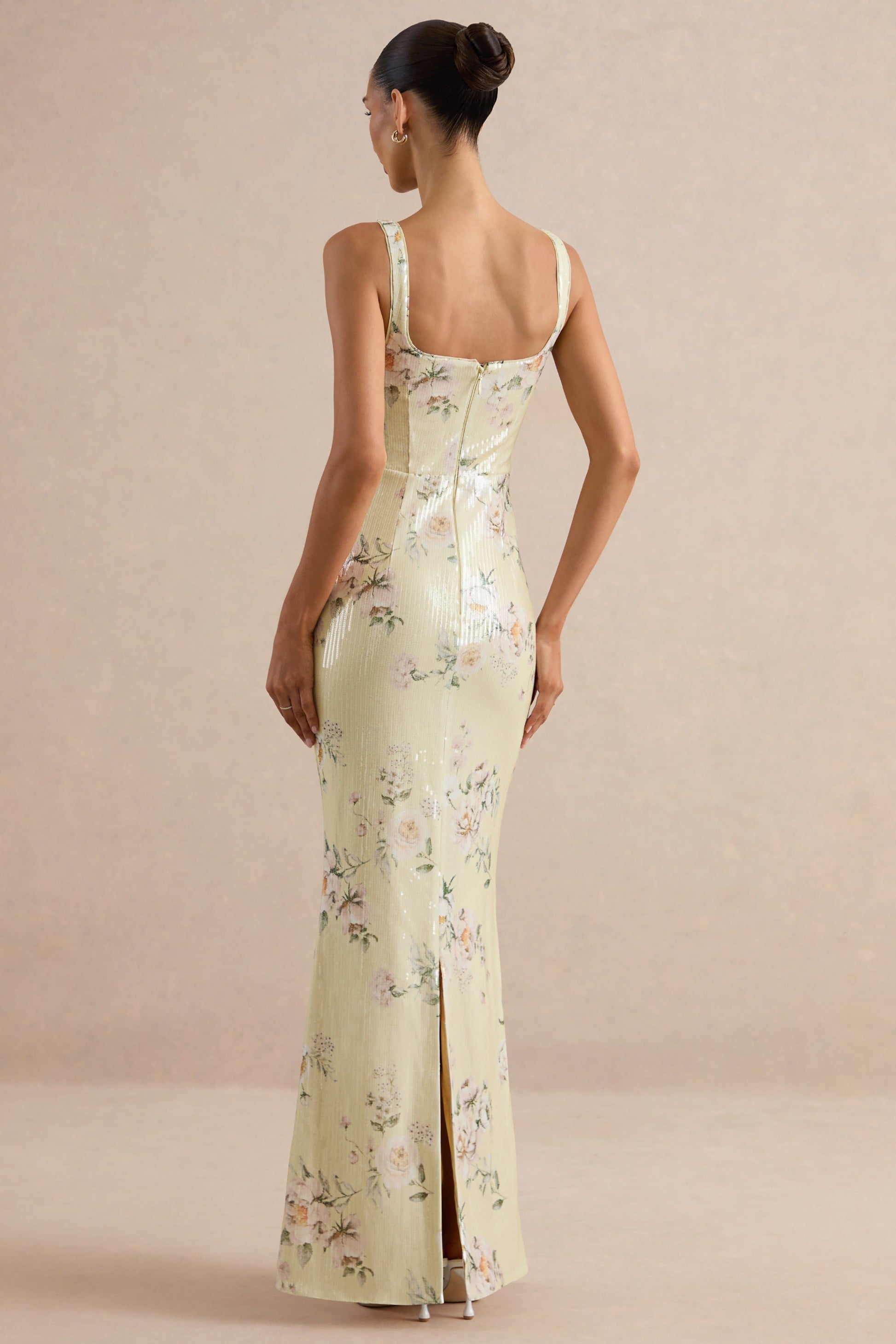 Danette | Yellow Floral Print Sequin Square-Neck Maxi Dress