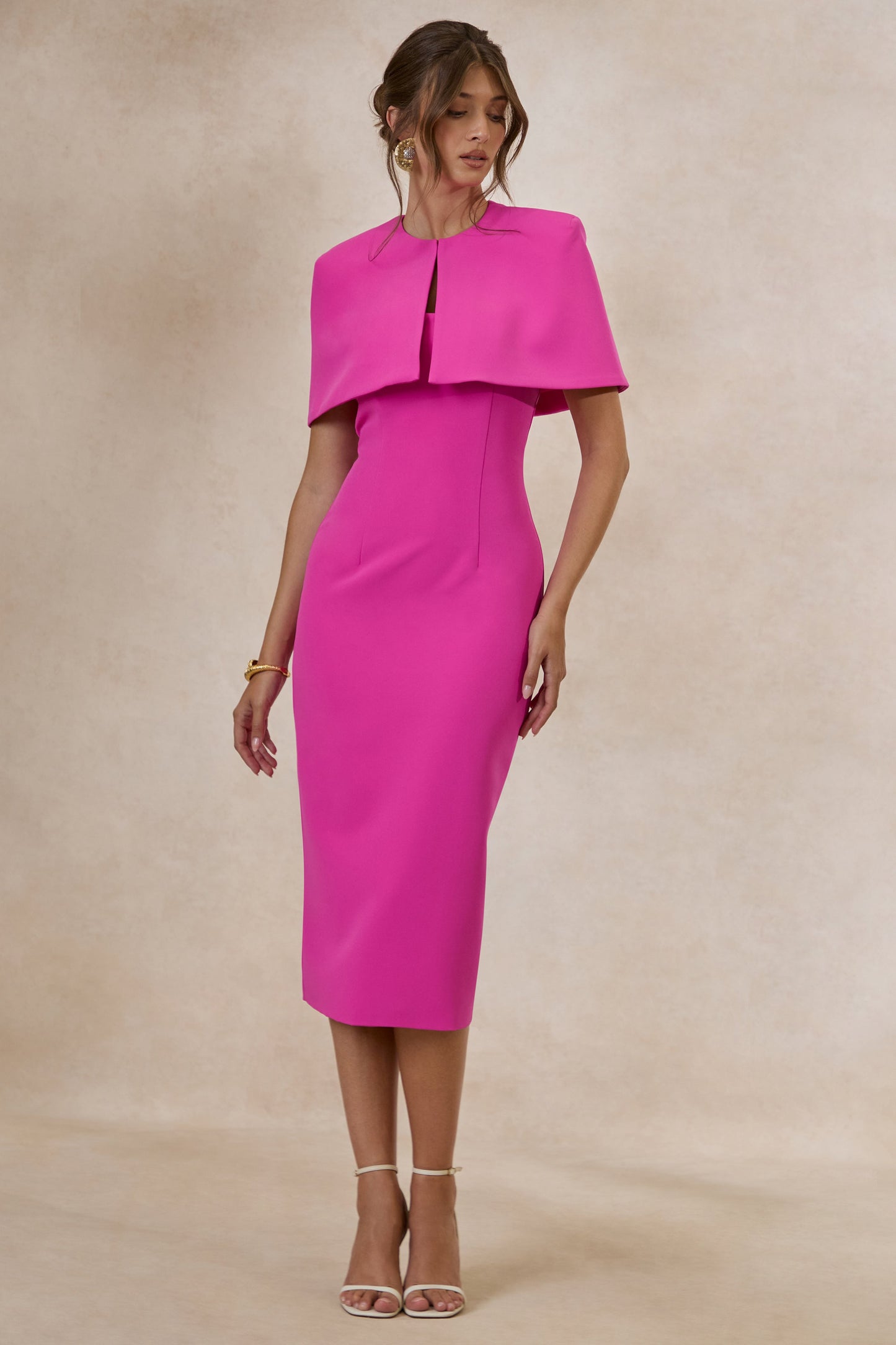 Celandia | Hot Pink Midi-Dress With Removable Cape