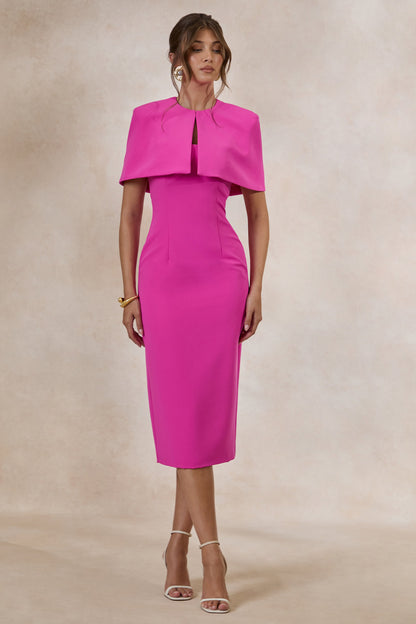 Celandia | Hot Pink Midi-Dress With Removable Cape