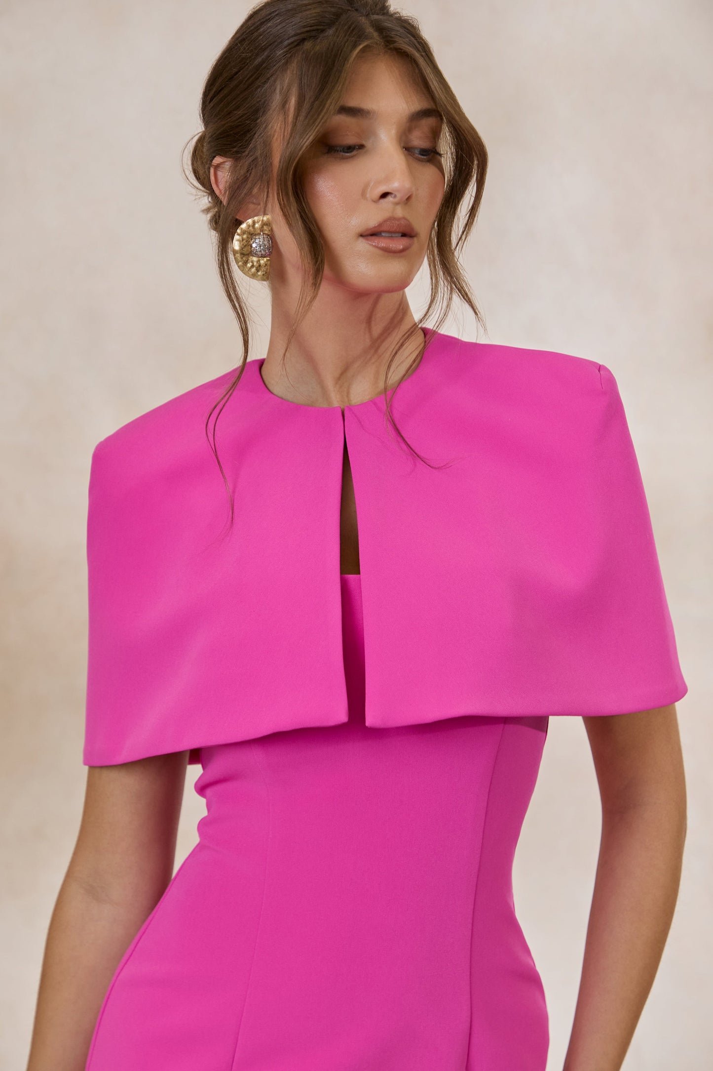Celandia | Hot Pink Midi-Dress With Removable Cape