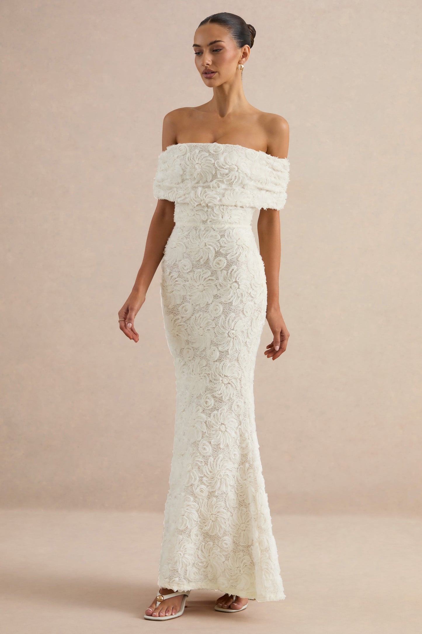 Xara | White Lace Bardot-Neck Maxi Dress