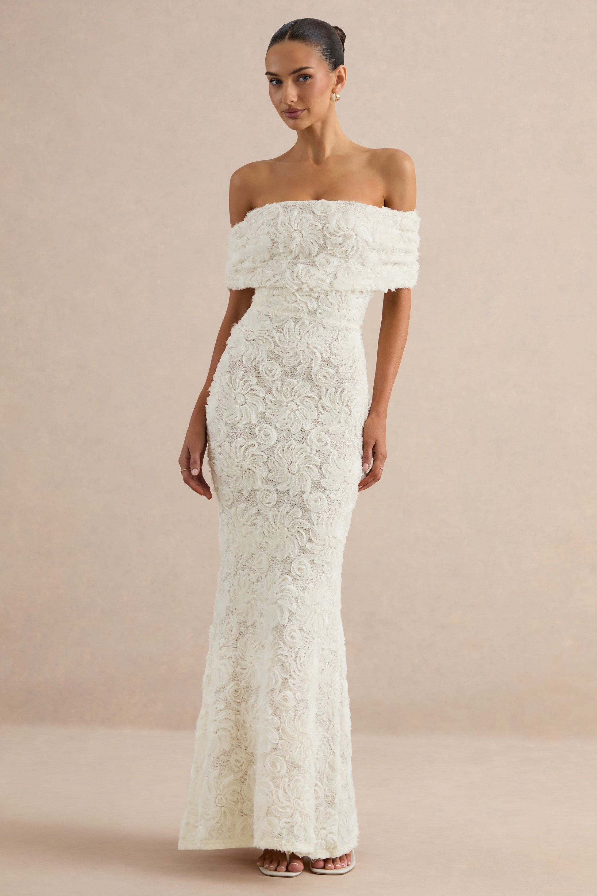 Xara | White Lace Bardot-Neck Maxi Dress