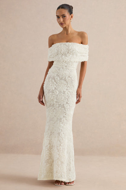Xara | White Lace Bardot-Neck Maxi Dress