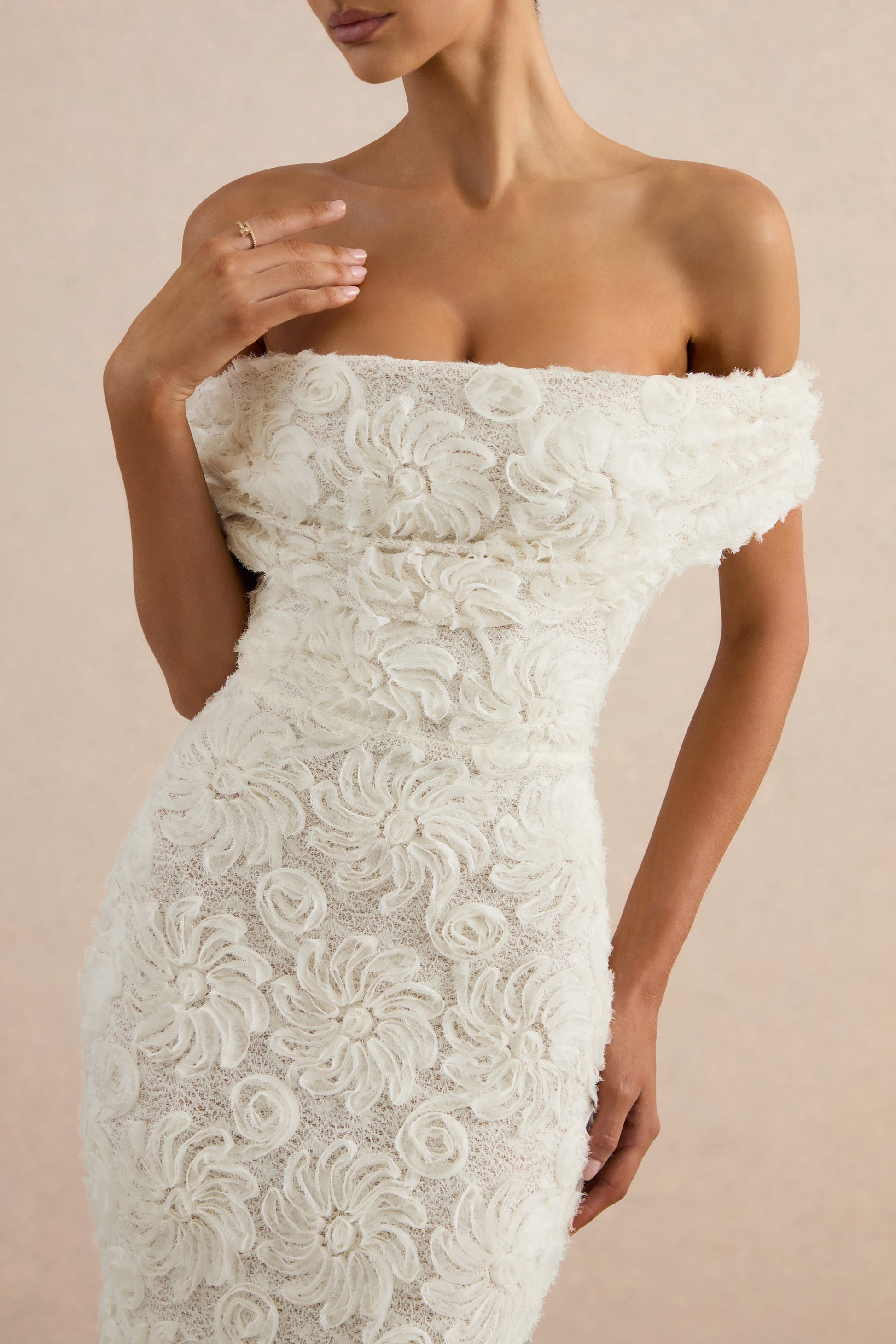 Xara | White Lace Bardot-Neck Maxi Dress