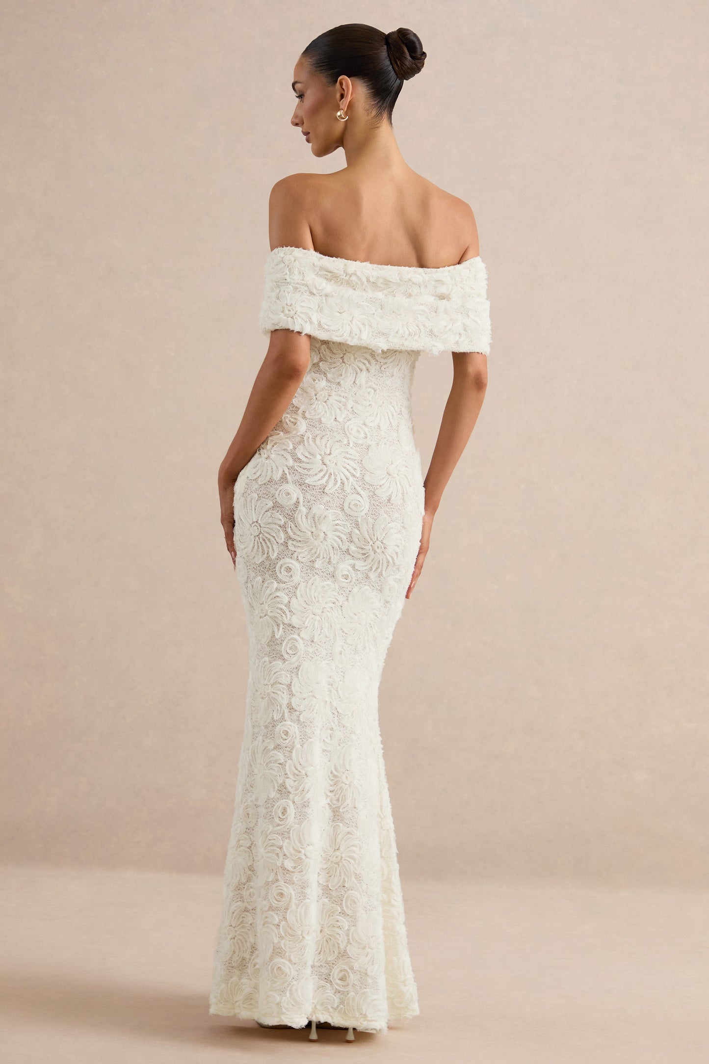 Xara | White Lace Bardot-Neck Maxi Dress