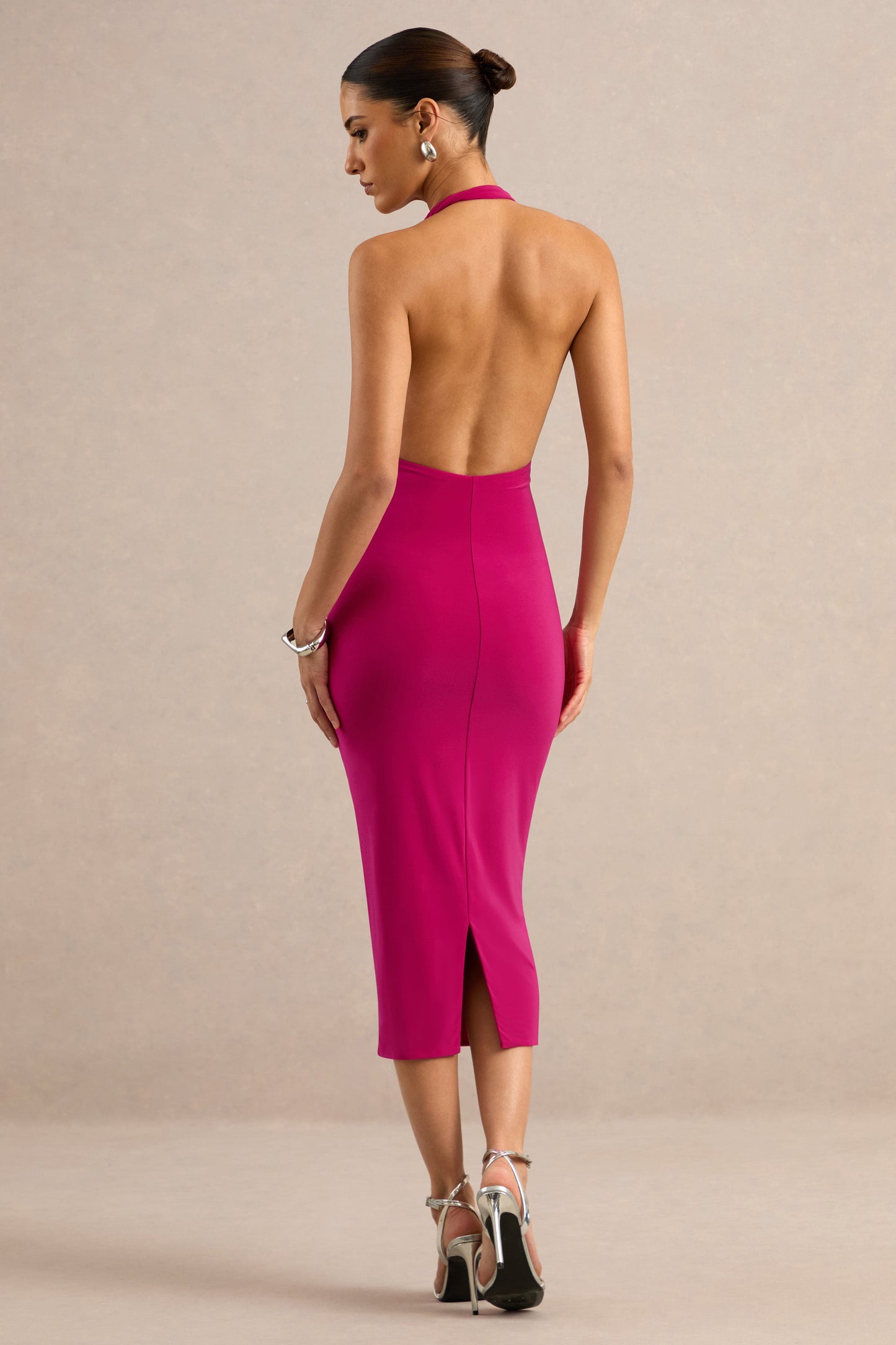 Vela | Hot Pink Asymmetric-Neck Midi Dress