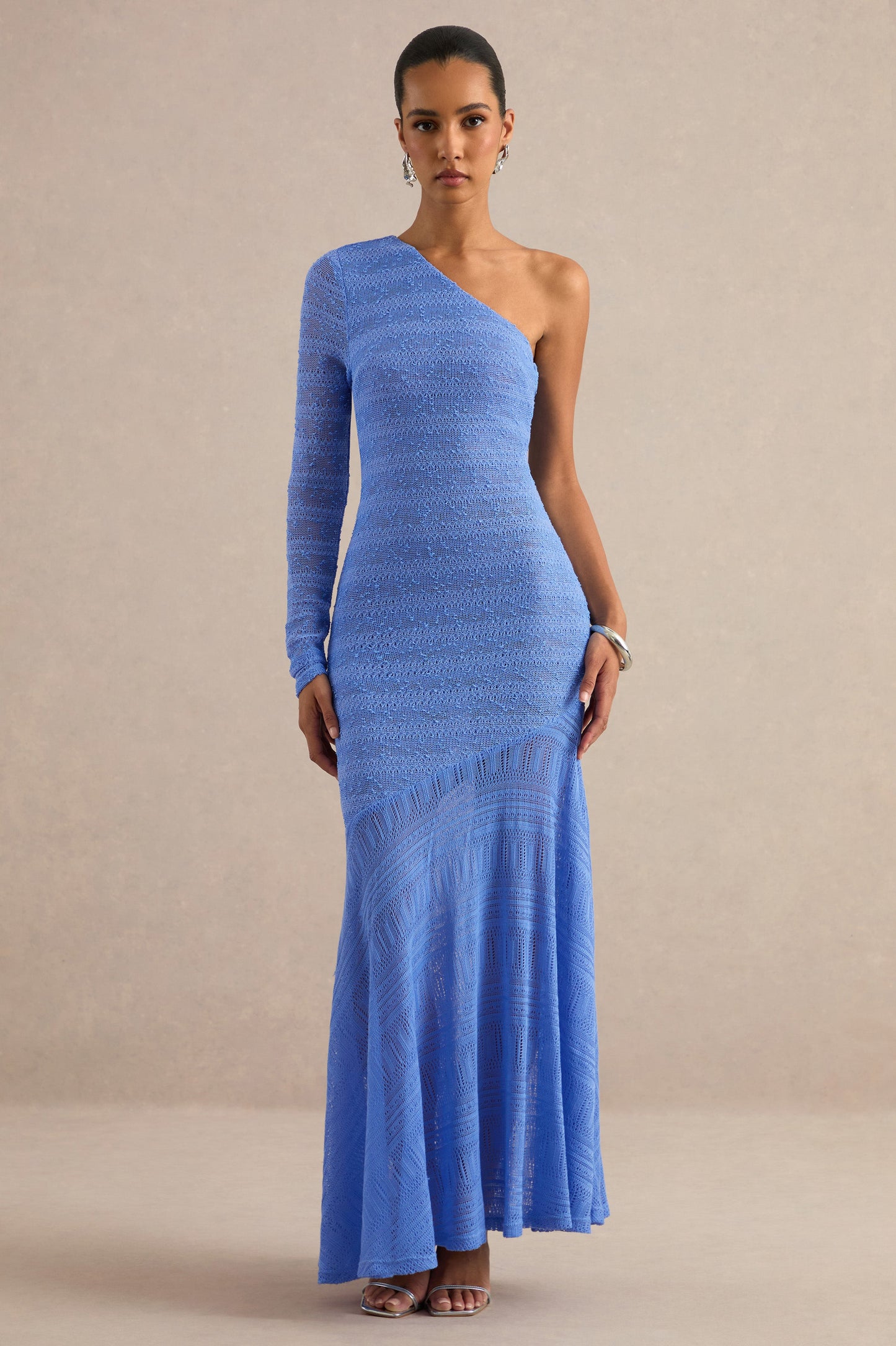 Orabella | Blue Asymmetric-Neck Maxi Dress With Sheer Skirt