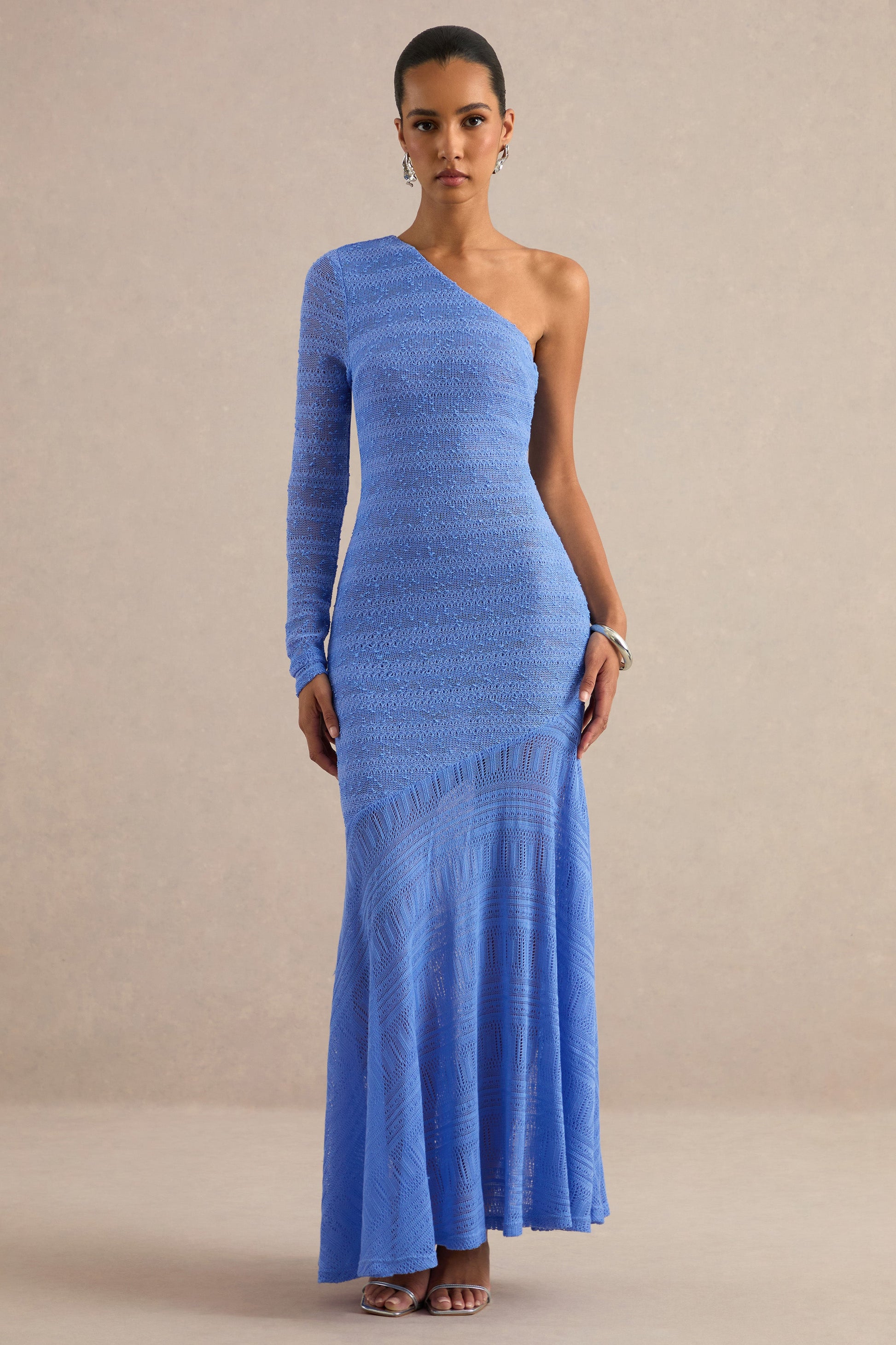 Orabella | Blue Asymmetric-Neck Maxi Dress With Sheer Skirt