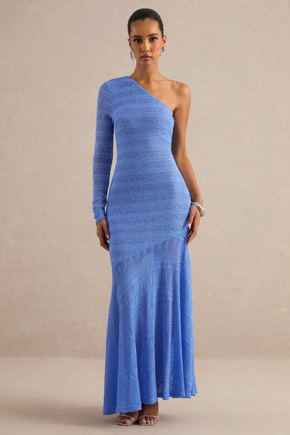Orabella | Blue Asymmetric-Neck Maxi Dress With Sheer Skirt