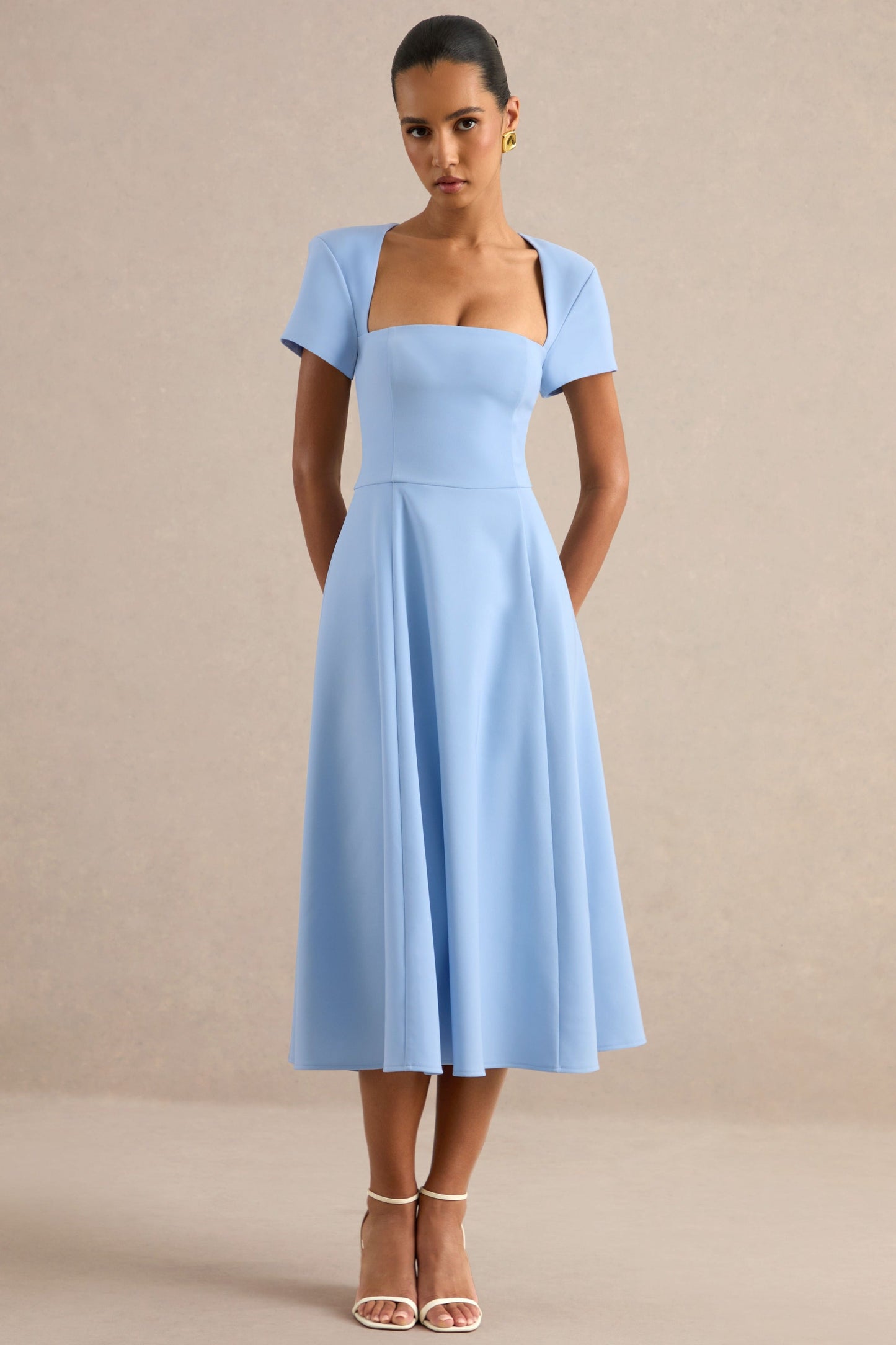 Donia | Light Blue Square-Neck Midi Skater Dress