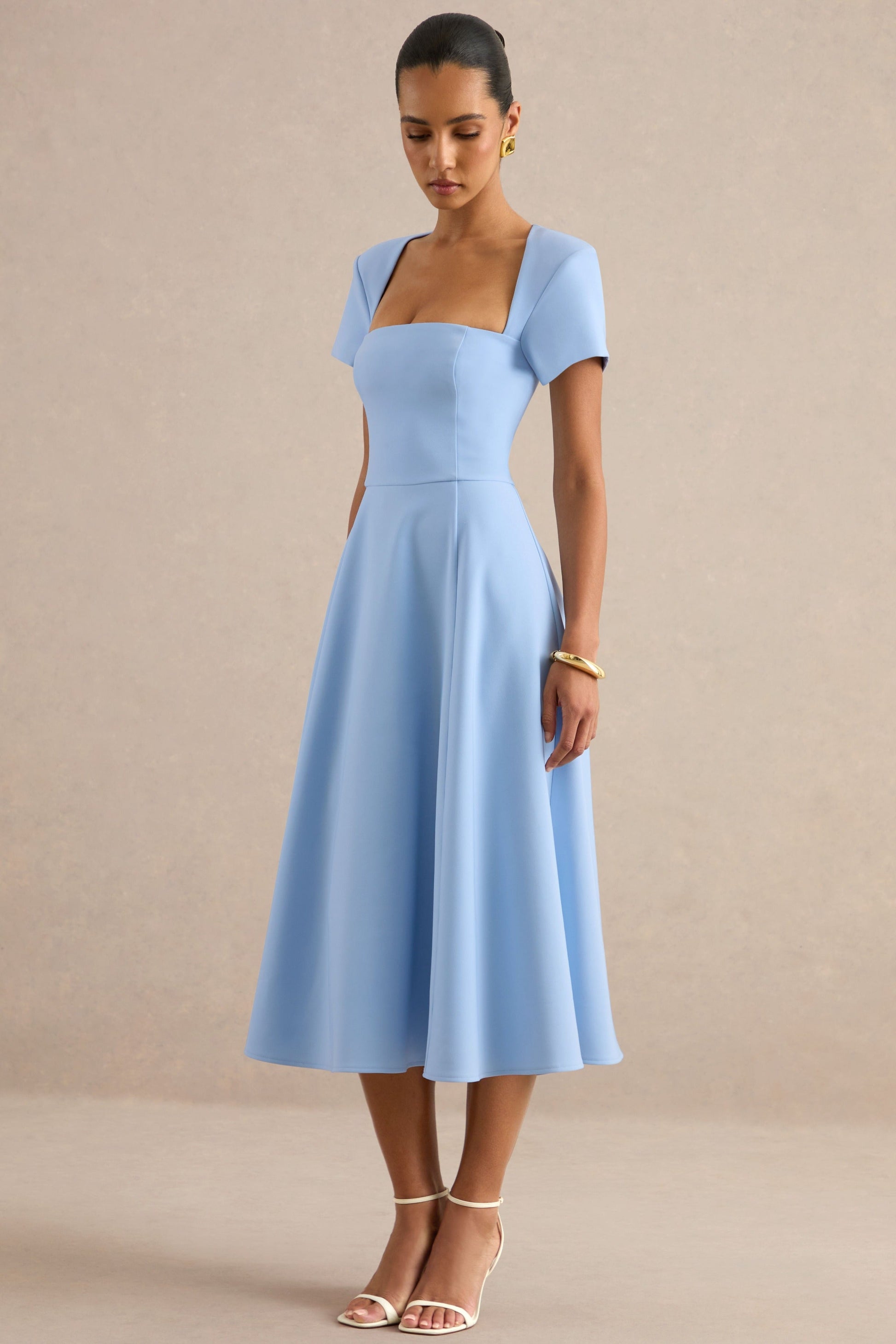 Donia | Light Blue Square-Neck Midi Skater Dress