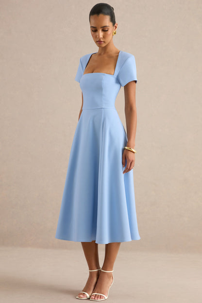 Donia | Light Blue Square-Neck Midi Skater Dress