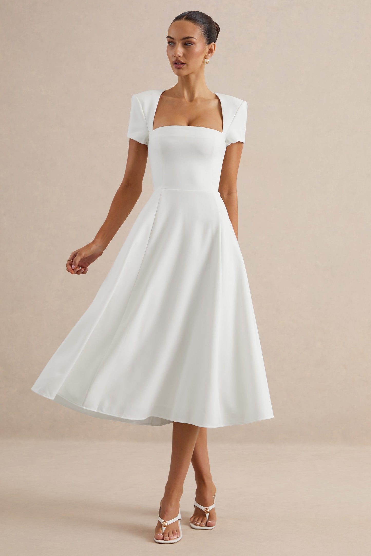 Donia | White Square-Neck Midi Skater Dress